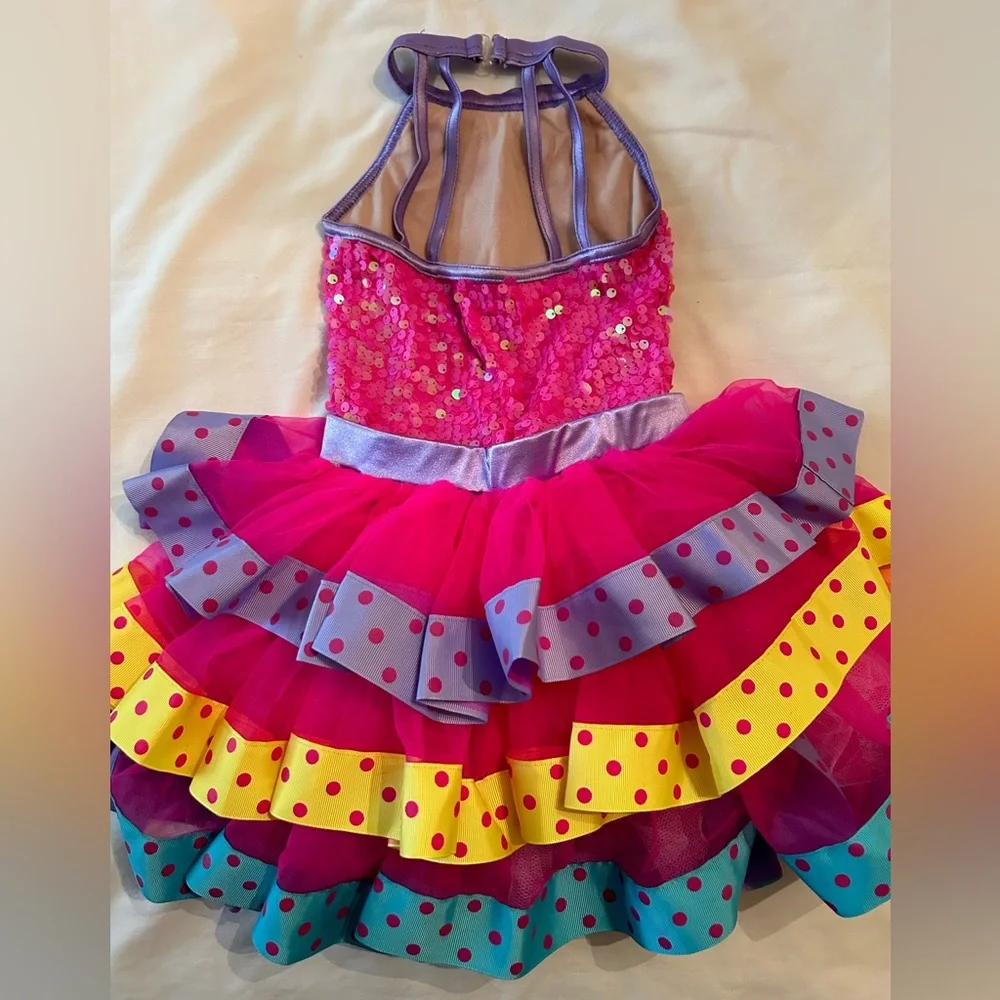 Weissman Pink Sequin Halter Dance Costume with Multicolor Ruffled Skirt